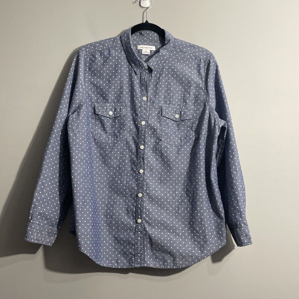 Liz Claiborne Women's XL Blue Polka Dot Button Front Shirt Long Sleeve Cotton